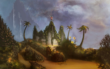 Картинка аниме samurai+champloo гора mugen samurai champloo арт joediepstraten могила ступеньки лестница подсолнухи зелень пальмы