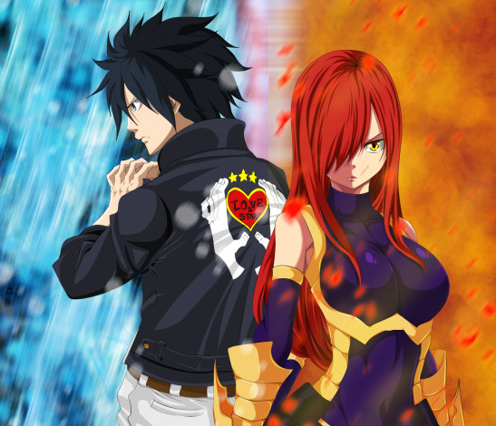 Обои картинки фото аниме, fairy tail, огонь, девушка, парень