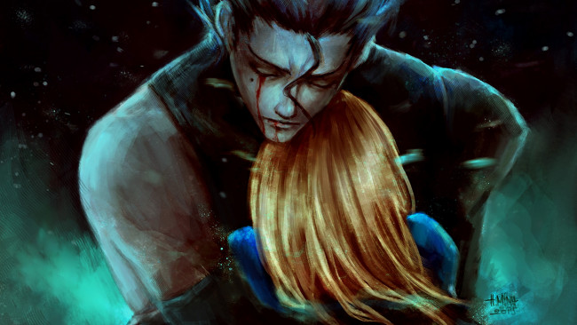 Обои картинки фото аниме, fate, stay night, объятия, арт, парень, девушка