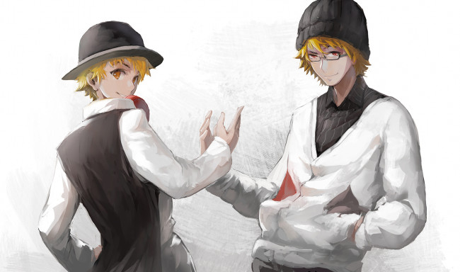 Обои картинки фото аниме, unknown,  другое, арт, взгляды, очки, шляпы, жест, парни