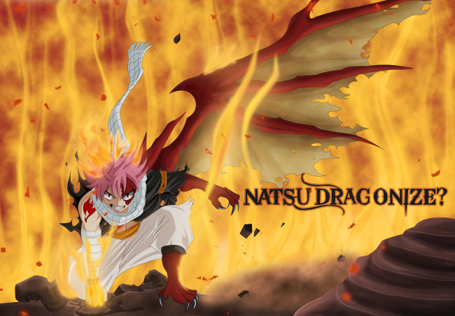 Обои картинки фото аниме, fairy tail, крыло, монстр, огонь, парень