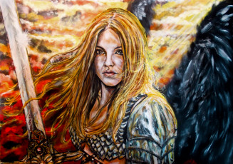 Картинка фэнтези ангелы крылья меч взгляд фон девушка