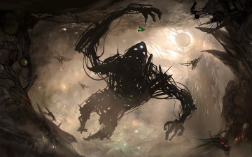 Картинка фэнтези роботы +киборги +механизмы монстр скалы свет корабли