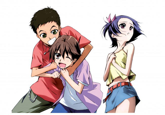 Обои картинки фото аниме, noein, мальчики, девочка, борьба, ребята