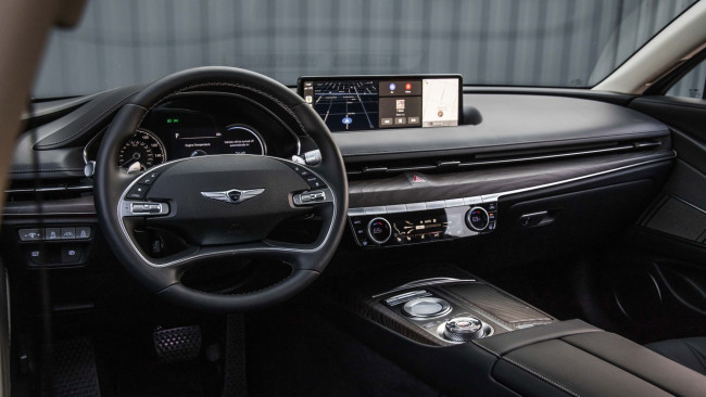 Обои картинки фото genesis g80, автомобили, интерьеры, салон, черный, руль, торпедо