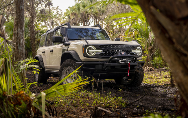 Обои картинки фото автомобили, ford, 2022, форд, бронко, 4к, вид, спереди, экстерьер, эверглейдс, внедорожник, коричневый, американские, джунгли