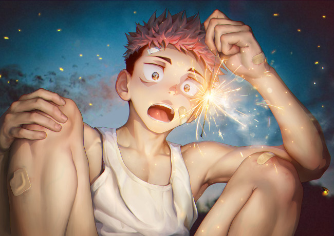 Обои картинки фото магическая битва, аниме, jujutsu kaisen, jujutsu, kaisen, yuuji, itadori, парень, взгляд, бенгальский, огонёк, звёзды, фон