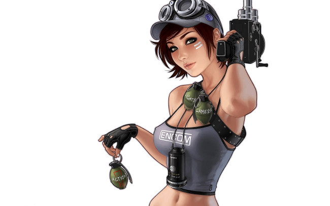 Обои картинки фото рисованное, люди, девушка, кепка, топ, гранаты