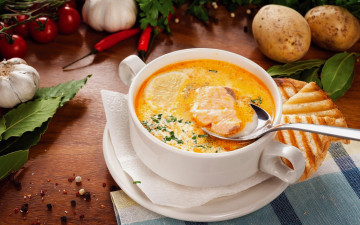 обоя еда, первые блюда, рыбный, суп, чеснок, перец, картофель, тосты