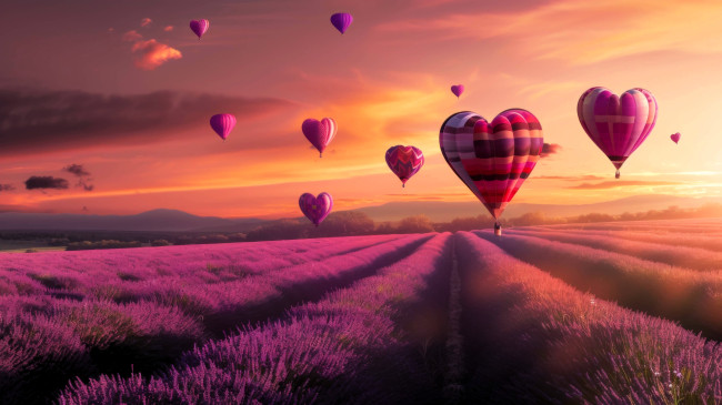 Обои картинки фото разное, компьютерный дизайн, поле, лаванда, воздушные, шары, сердечки, закат