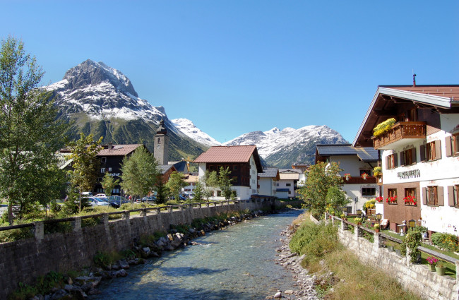 Обои картинки фото австрия, лех, на, арльберге, города, улицы, площади, набережные, дома, река