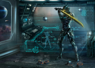 Картинка фэнтези роботы +киборги +механизмы проекция корабль космос меч шар сфера тренировка металл арт броня