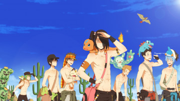 Картинка аниме pokemon небо животные кактусы арт charmander snivy reuniclus cacnea парни treecko totodile огонь птица пустыня солнце mudkip meowth ichan