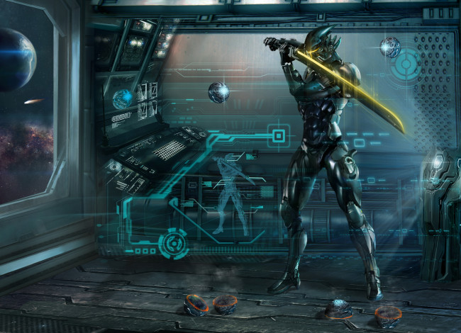 Обои картинки фото фэнтези, роботы,  киборги,  механизмы, проекция, корабль, космос, меч, шар, сфера, тренировка, металл, арт, броня
