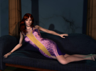 Картинка 3д+графика люди+ people девушка взгляд фон рыжая диван