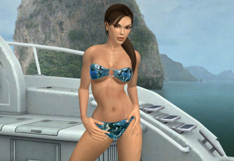 Картинка 3д+графика люди+ people девушка взгляд фон яхта море скалы бикини