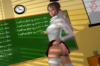 Картинка 3д+графика люди+ people девушка взгляд фон часы доска учительница трусики