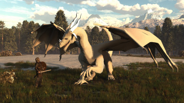 Картинка 3д+графика фантазия+ fantasy мужчина взгляд фон оружие воин дракон горы лес