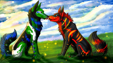 Картинка рисованное животные +сказочные +мифические собаки взгляд фон