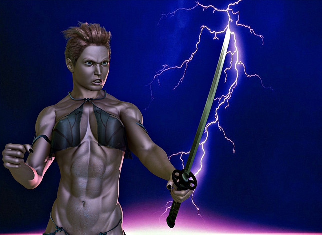 Обои картинки фото 3д графика, фантазия , fantasy, девушка, взгляд, фон, меч, молния