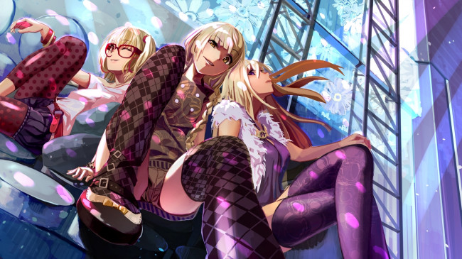 Обои картинки фото аниме, touhou, украшения, ремень, одежда, чулки, очки, девушки, цветы, узор, стена, блики, flandre, scarlet, yakumo, yukari, kirisame, marisa