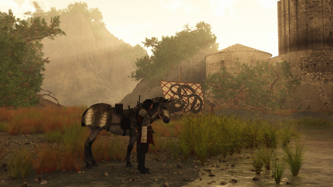 Обои картинки фото 3д графика, фантазия , fantasy, крепость, горы, лошадь, воин, фон, взгляд, мужчина