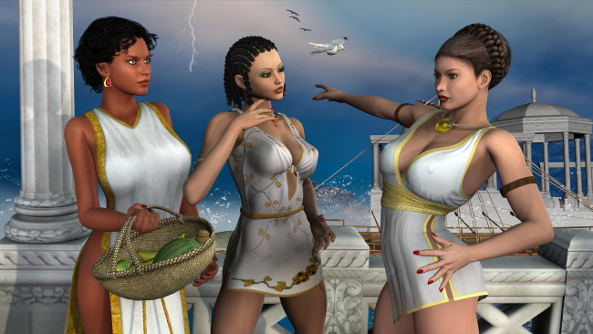 Обои картинки фото 3д графика, люди , people, девушки, взгляд, фон, птицы, корзина, фрукты