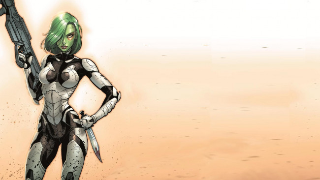 Обои картинки фото рисованное, комиксы, оружие, gamora, фон