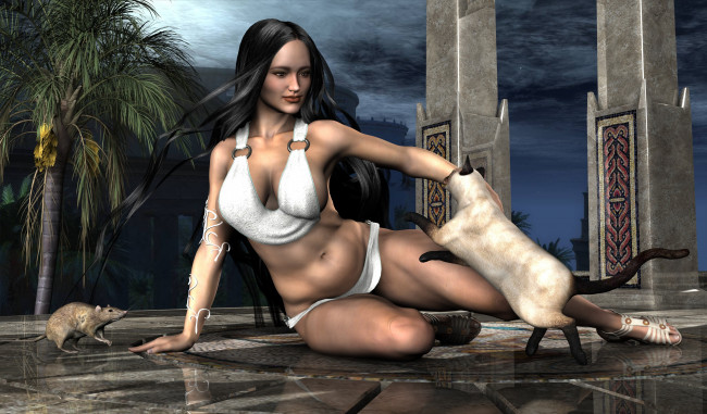 Обои картинки фото 3д графика, люди , people, девушка, взгляд, фон, кот, пальма, крыса