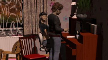 обоя 3д графика, люди , people, взгляд, диван, интерьер, фон, девушка, парень