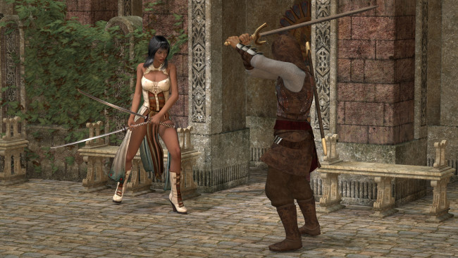 Обои картинки фото 3д графика, фантазия , fantasy, оружие, фон, девушка, взгляд