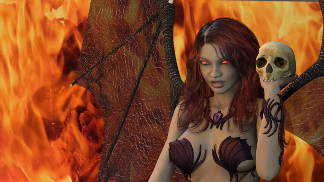 Обои картинки фото 3д графика, существа , creatures, демон, взгляд, девушка, фон