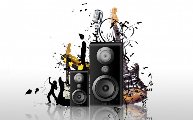 Обои картинки фото векторная графика, техника , equipment, колонки, микрофон, гитары, певец, музыка, ноты, цветы, девушка