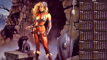 Картинка календари фэнтези 2019 calendar оружие щит девушка воительница пещера