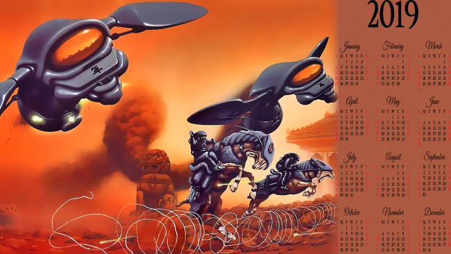 Обои картинки фото календари, фэнтези, 2019, calendar, летает, аппарат, существо
