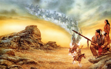 обоя фэнтези, _luis royo, индейцы, духи, всадники, скала