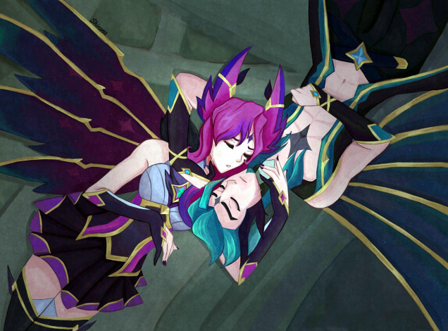 Обои картинки фото видео игры, league of legends, rakan, xayah, пара, крылья