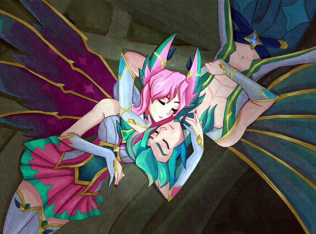 Обои картинки фото видео игры, league of legends, rakan, xayah, пара, крылья