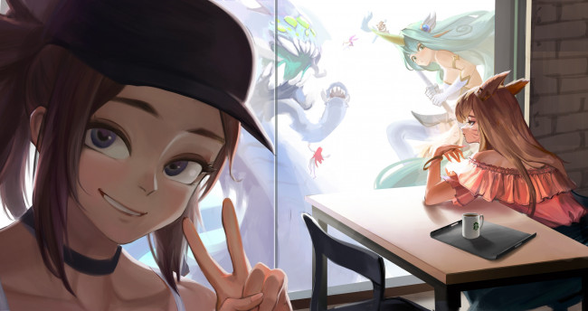 Обои картинки фото видео игры, league of legends, akali, ahri, soraka, стол, чашка