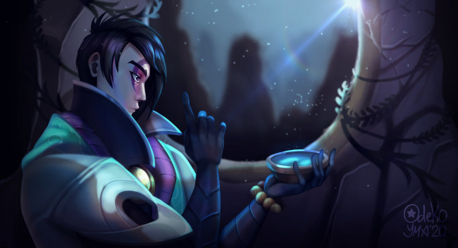 Обои картинки фото видео игры, league of legends, парень, жест, окно, луч, aphelios