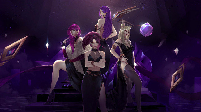 Обои картинки фото видео игры, league of legends, kda, костюмы, группа, ступени, ahri, evelynn, akali