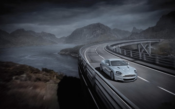 Картинка автомобили aston+martin серебристый мост скалы река