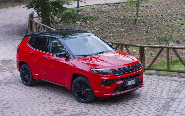 Обои картинки фото 2022 jeep compass e-hybrid s , eu, автомобили, jeep, compass, ehybrid, s, 4k, кроссовер, 2022, года, европейская, спецификация, mp, американские, джип, красный