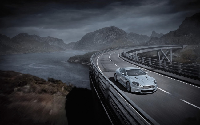 Обои картинки фото автомобили, aston martin, серебристый, мост, скалы, река