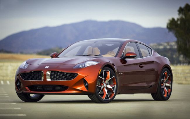 Обои картинки фото fisker karma, автомобили, karma, оранжевый, гора, стоянка