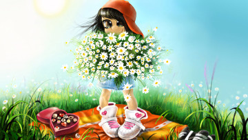 обоя 295821, рисованное, дети, девочка, в, кепке, держит, букет, ромашек