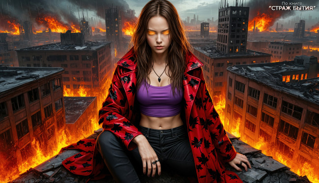 Обои картинки фото альма майер по книге страж бытия, фэнтези, демоны, красное, пальто, открытый, пупок, карие, глаза, длинные, волосы, фантастика, опасные, девушки, пирокинез, управление, огнем, огненная, девушка, повелительница, огня, girl, on, fire, пламя, иллюстрации, по, книгам