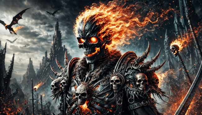 Обои картинки фото фэнтези, демоны, демон, огонь, черепа, оружие
