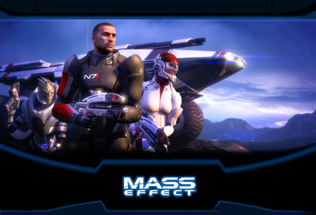 Обои картинки фото видео игры, mass effect, персонажи, оружие, техника, горы