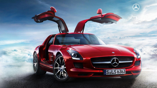 Обои картинки фото автомобили, mercedes, benz, облака, sls, amg, gullwing, doors